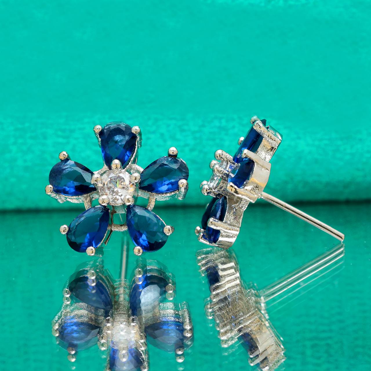 Elegant Blue Sapphire Floral Stud Earrings for Women