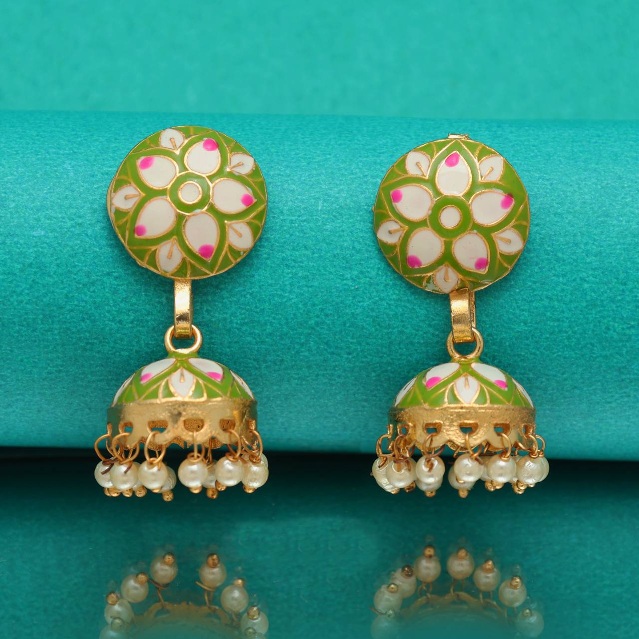 The Champa Green- Pink Meenakari Earrings