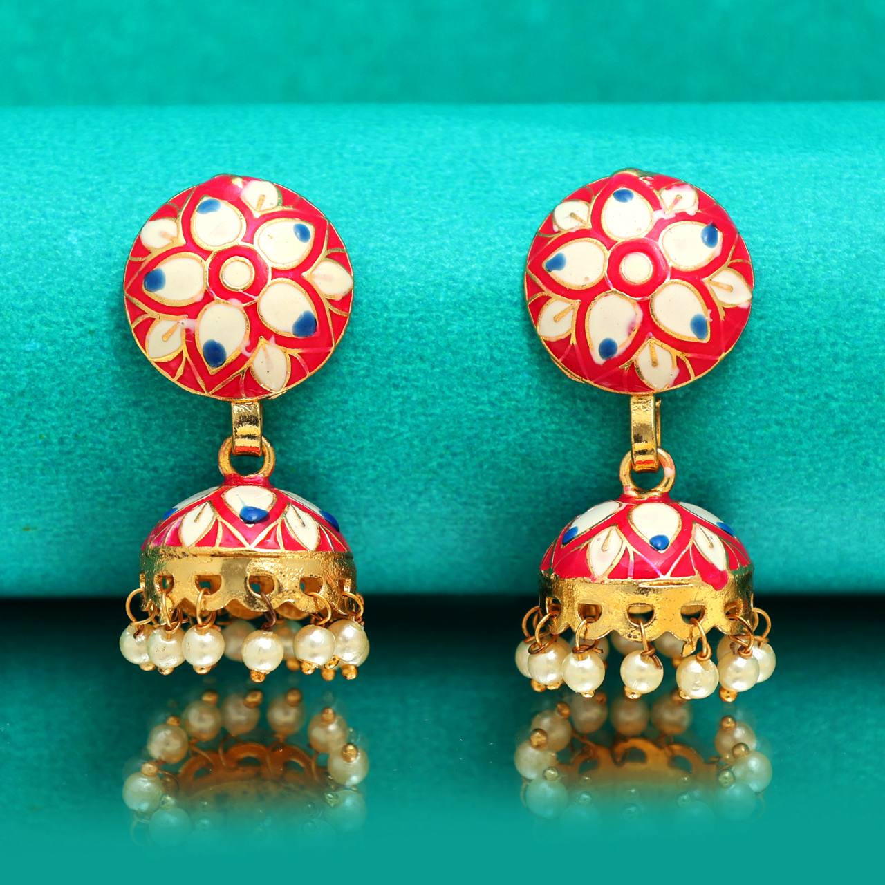 The Champa Red -Blue Meenakari Earrings