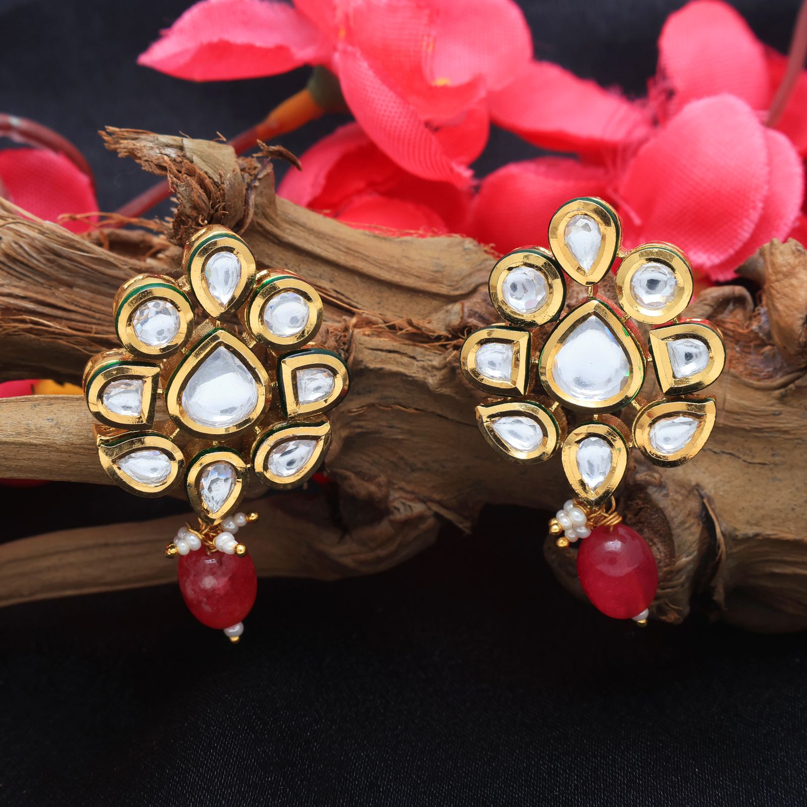 Gold Flower Jhumka Earrings with Polki Kundan