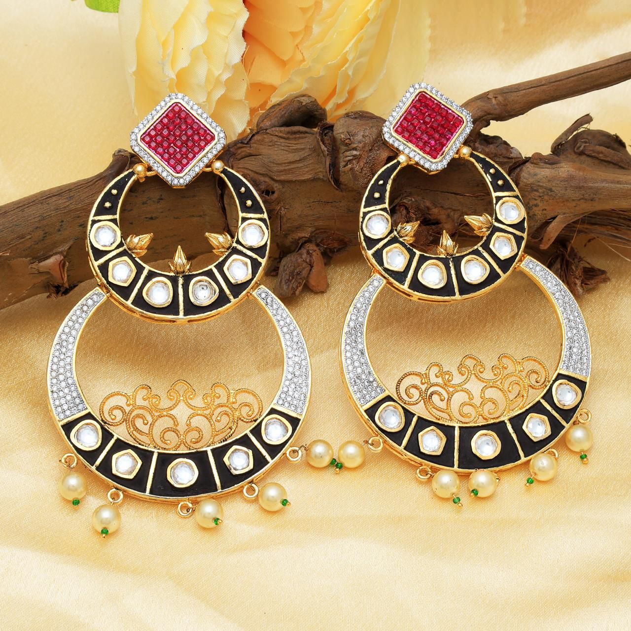 Black Chand Bali Earrings with Kundan & Pearl Detailing