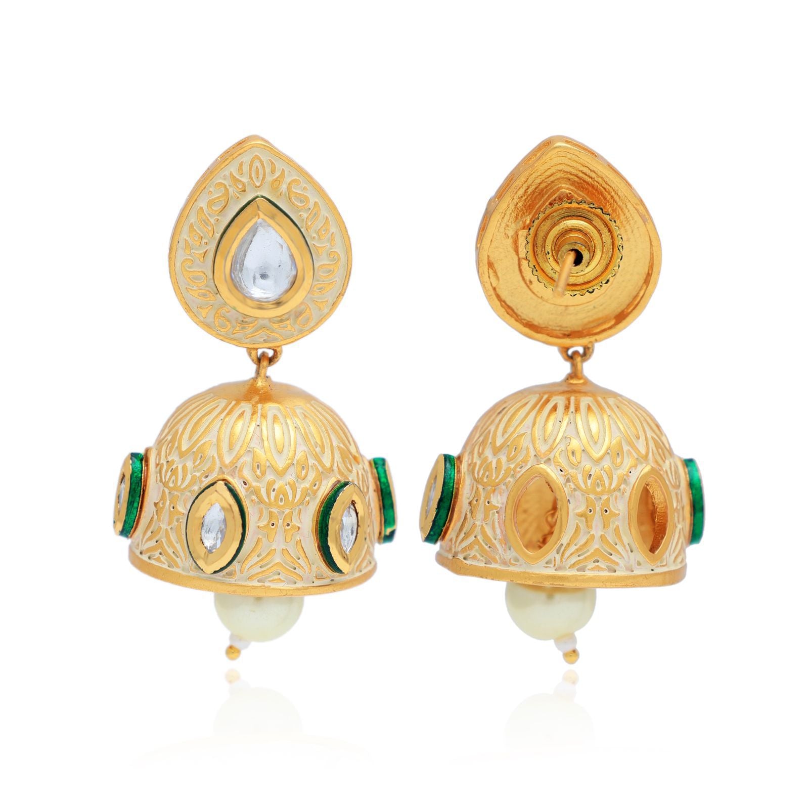 Gold Kundan Jhumki Earrings with Pearl Drops