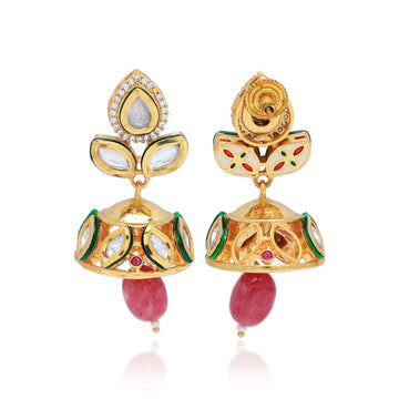 Gold Kundan Jhumki Earrings with Ruby-Coloured Droplets