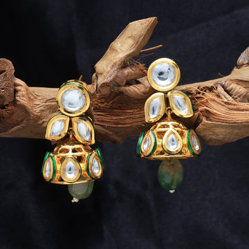 Kundan Jhumki Earrings with Emerald-Coloured Droplets