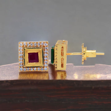 Square Shaped Meenakari Red Stone Stud Earrings